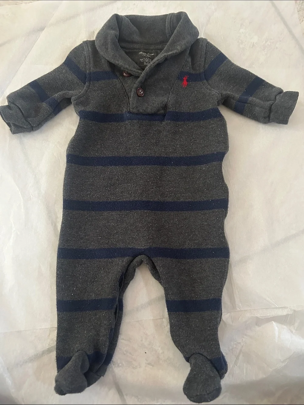 Ralph Lauren Gray & Navy Striped Shawl-Collar Footie